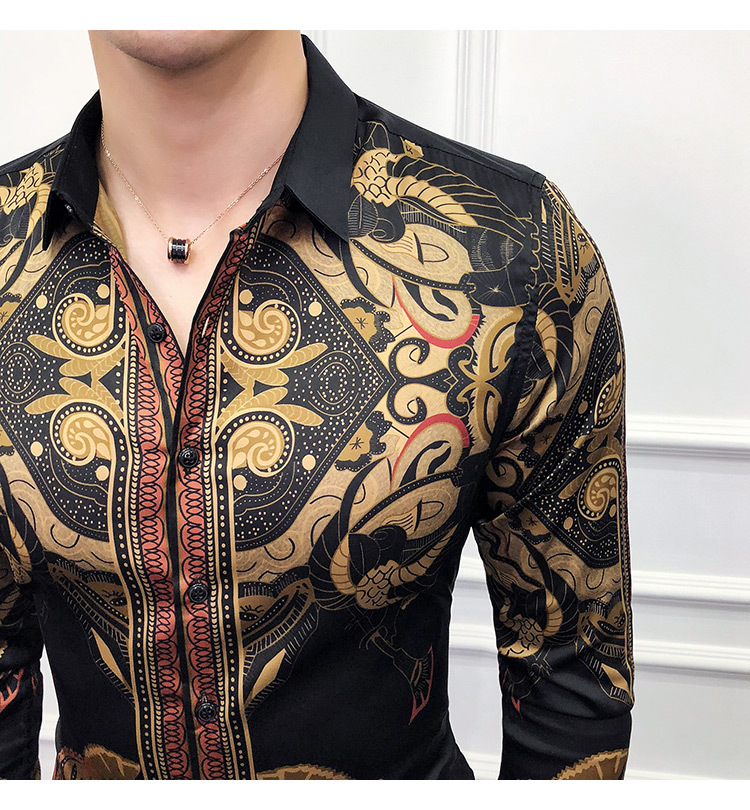 Mens Luxury Baroque Design Slim Fit Shirt In Gold Black Autumn Collection Sizes Up To 6xl - 30