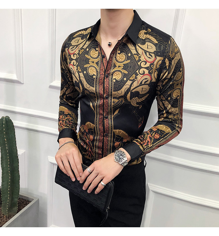 Mens Luxury Baroque Design Slim Fit Shirt In Gold Black Autumn Collection Sizes Up To 6xl - 6