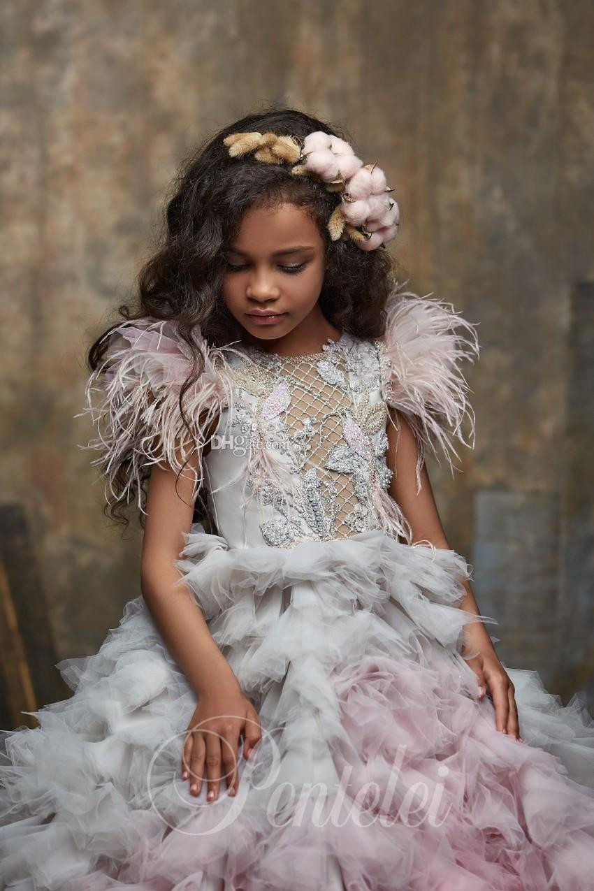 Ombre Feathered Flower Girl Ball Gown Beaded Bateau Neck Toddler Pageant Tulle Kids Prom Dress - 3