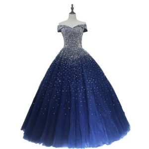 Navy Blue Ball Gown Quinceanera Dresses Off Shoulder Lace-up Back Major Beading Princess Puffy Prom Party