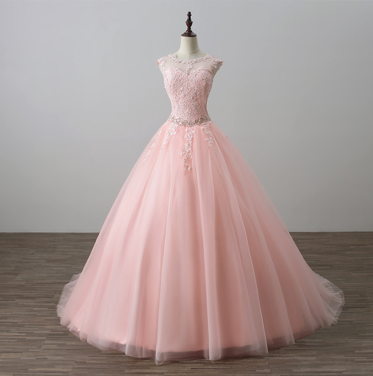 Elegant Pink Quinceanera Ball Gown Lace Appliques Pearl Crystal Embellishments Sleeveless Keyhole Back Debutante Dress - 2