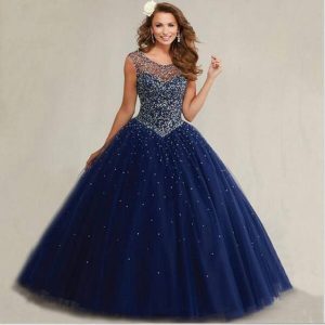 N Plus Size Masquerade Ball Gowns Puffy Sweet 16 Navy Blue Quinceanera Dresses Pearls Sparkly Luxury Crystals Backless