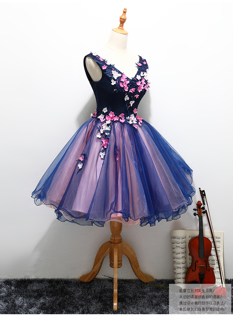 Classic Vneck Mini Ball Gown Prom Dress With Floral Appliques By Mrs Win For Formal Party Quinceanera - 4