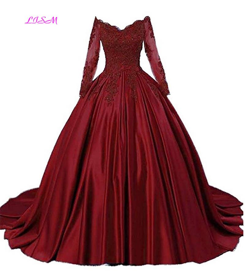 Elegant Offshoulder Burgundy Lace Ball Gown Long Sleeves Plus Size Formal Prom Quinceanera Dress - 8