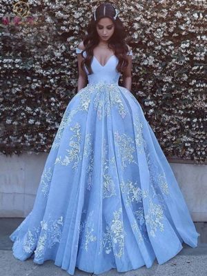 Quinceanera Dresses Light Blue V-neck Off Shoulder Floor Length Ball Gown Formal Party Ceremony Long Graduation Gowns