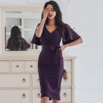 Backlakegirls Sexy V Neck Lotus Leaf Short Sleeve High Waist Cocktail Dress Knee-length Purple Party Robe De Soiree - 2