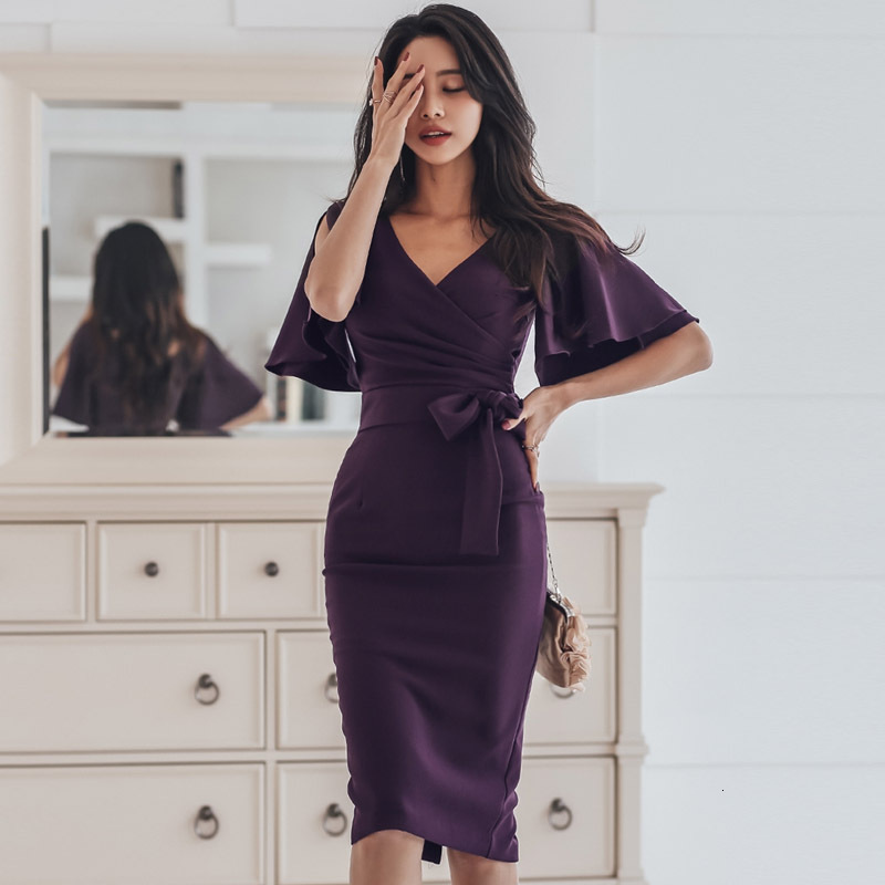 Backlakegirls Elegant Purple Cocktail Dress Sexy Vneck Lotus Leaf Short Sleeve High Waist Kneelength Party Dress - 5