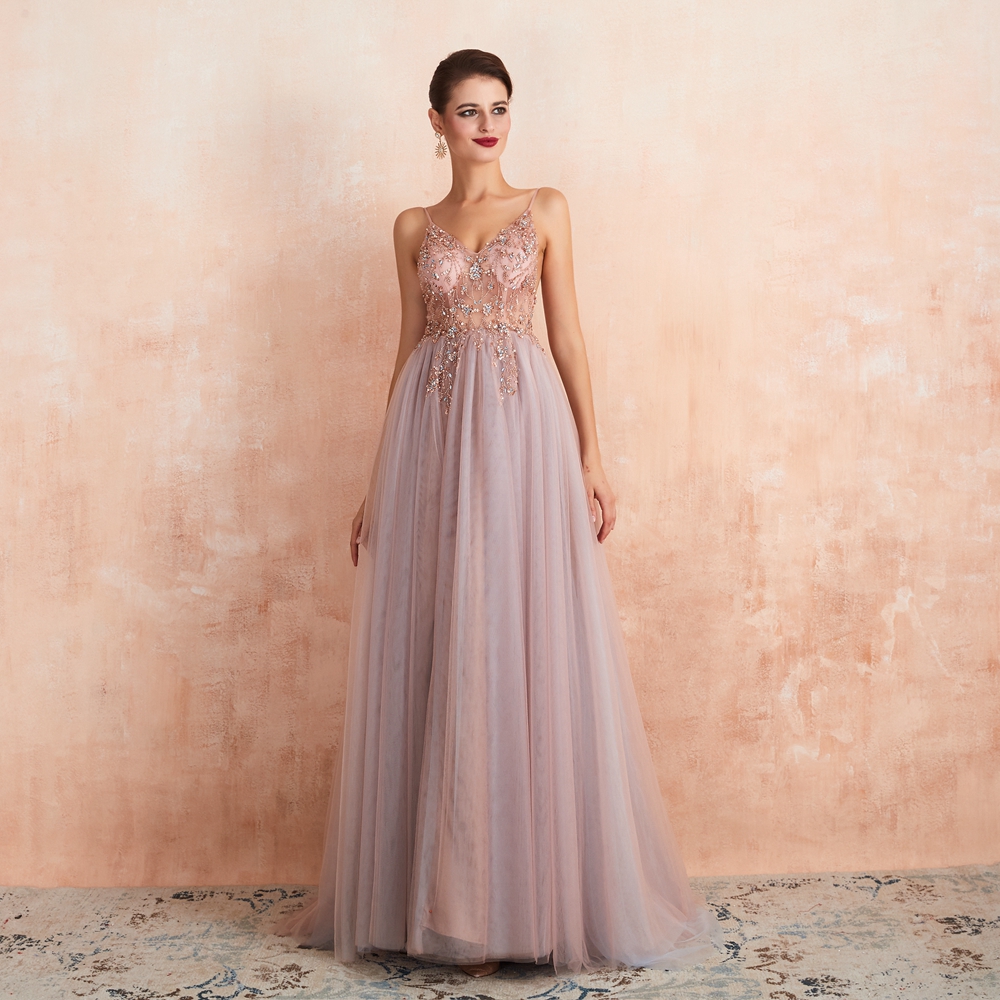 Elegant Long Pink Beaded Prom Dress Aline Split Tulle Vneck With Spaghetti Straps Seethrough Evening Gown - 4