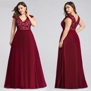Plus Size Prom Dresses Long Ever Pretty Ep07344 Elegant Burgundy A-line Sleeveless Lace Appliques V-neck Vestidos De Gala
