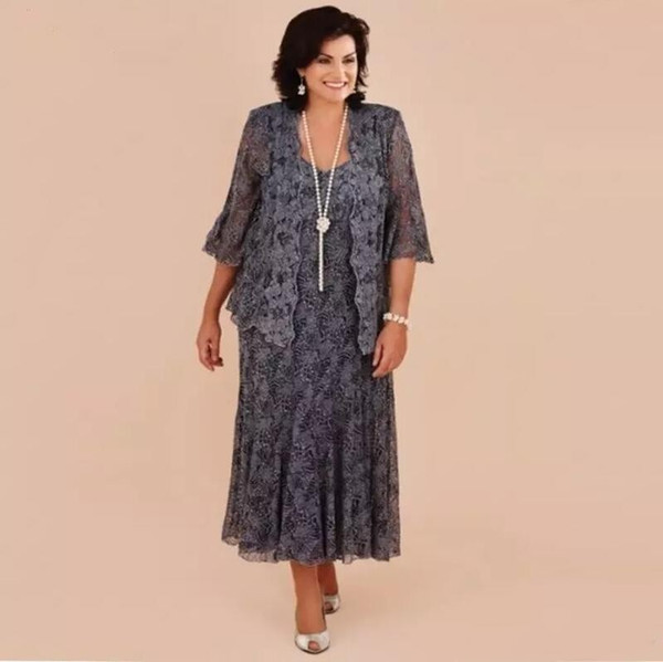 Elegant Gray Lace Plus Size Tea Length Mother Of The Bride Dress With Jacket For Weddings And Formal Parties - 2