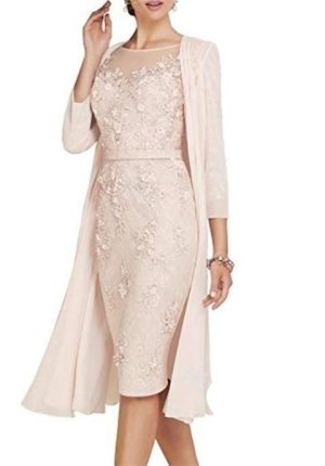 Light Pink Women's Mother Of The Groom Dresses Tea Length Lace Bride Dress With Jacket Formal Evening Gowns