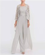 Elegant Gray Lace Mother Of The Bride Pant Suit Plus Size Chiffon Formal Evening Dresses Long Vestidos De