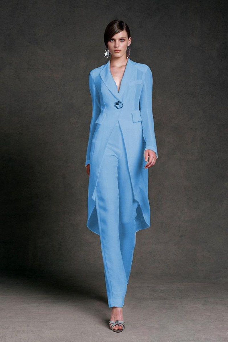 Elegant Vneck Chiffon Mother Of The Bride Dress Long Sleeve Ankle Length Formal Evening Pants Suit Gown - 2