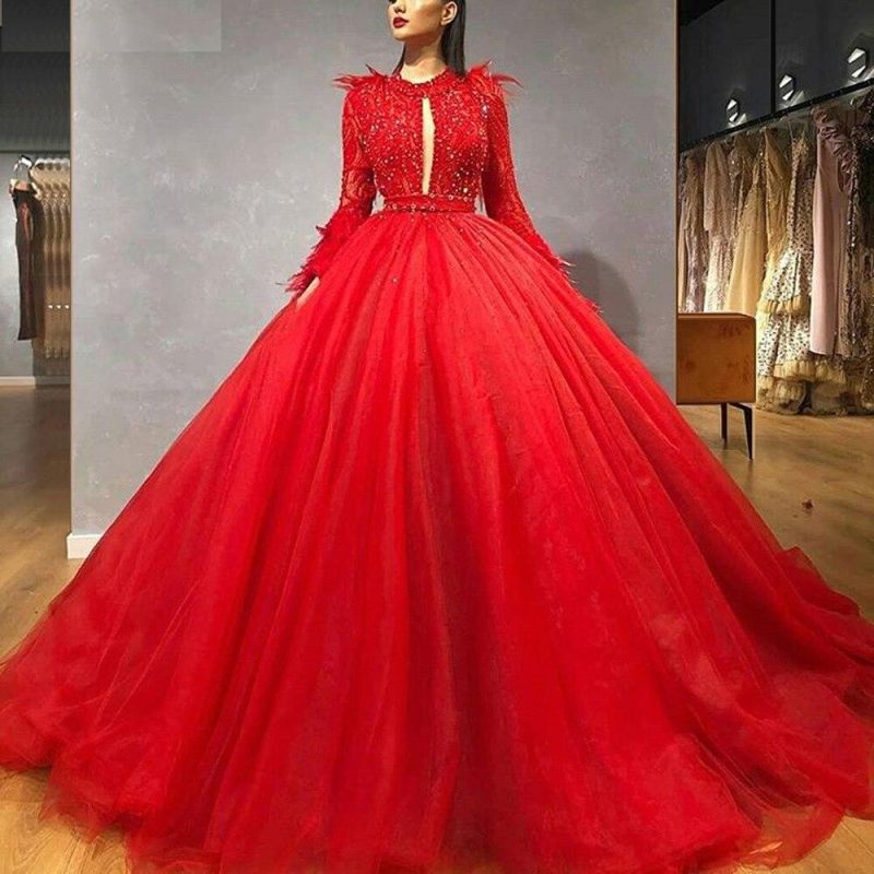 Heavy Handmade Red Celebrity Dress Feathers Beading Special Occasion Gowns Carpet Robe De Soiree
