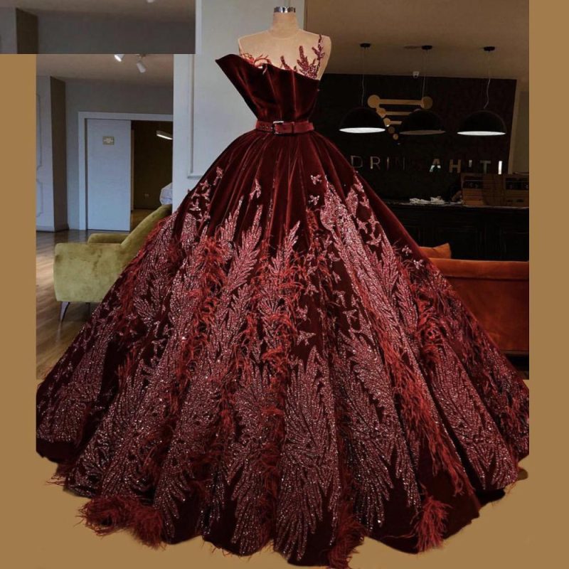 Luxury Dark Burgundy Celebrity Dresses Sheer Neck Velvet Arabic Evening Red Carpet Prom Party Gowns With Sash Feathers
