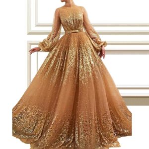 Luxury Champagne Sequin Celebrity Dresses Long Sleeve High Neck Evening Runaway Red Carpet Gowns A-line Prom Party Dress