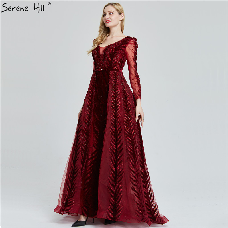 Serene Hill Luxury Beaded Evening Dress In Velvet Wine Red Long Sleeves Plus Size La60903 - 11