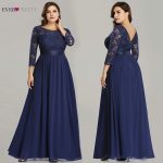 Plus Size Ever Pretty Evening Dresses Long Ep07412 Elegant Sleeve A-line Lace Chiffon Navy Blue Winter Wedding Guest Dresse - 3