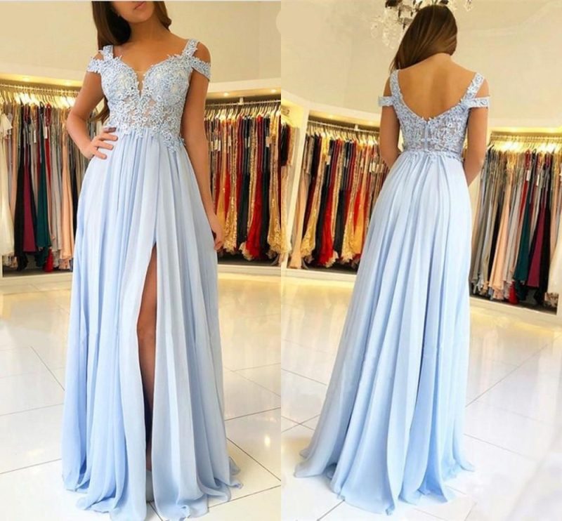 Sky Blue Bridesmaid Dresses Long Side Split Off Shoulder Lace Appliques Prom Party Gowns Wedding Guest Maid Of Honor