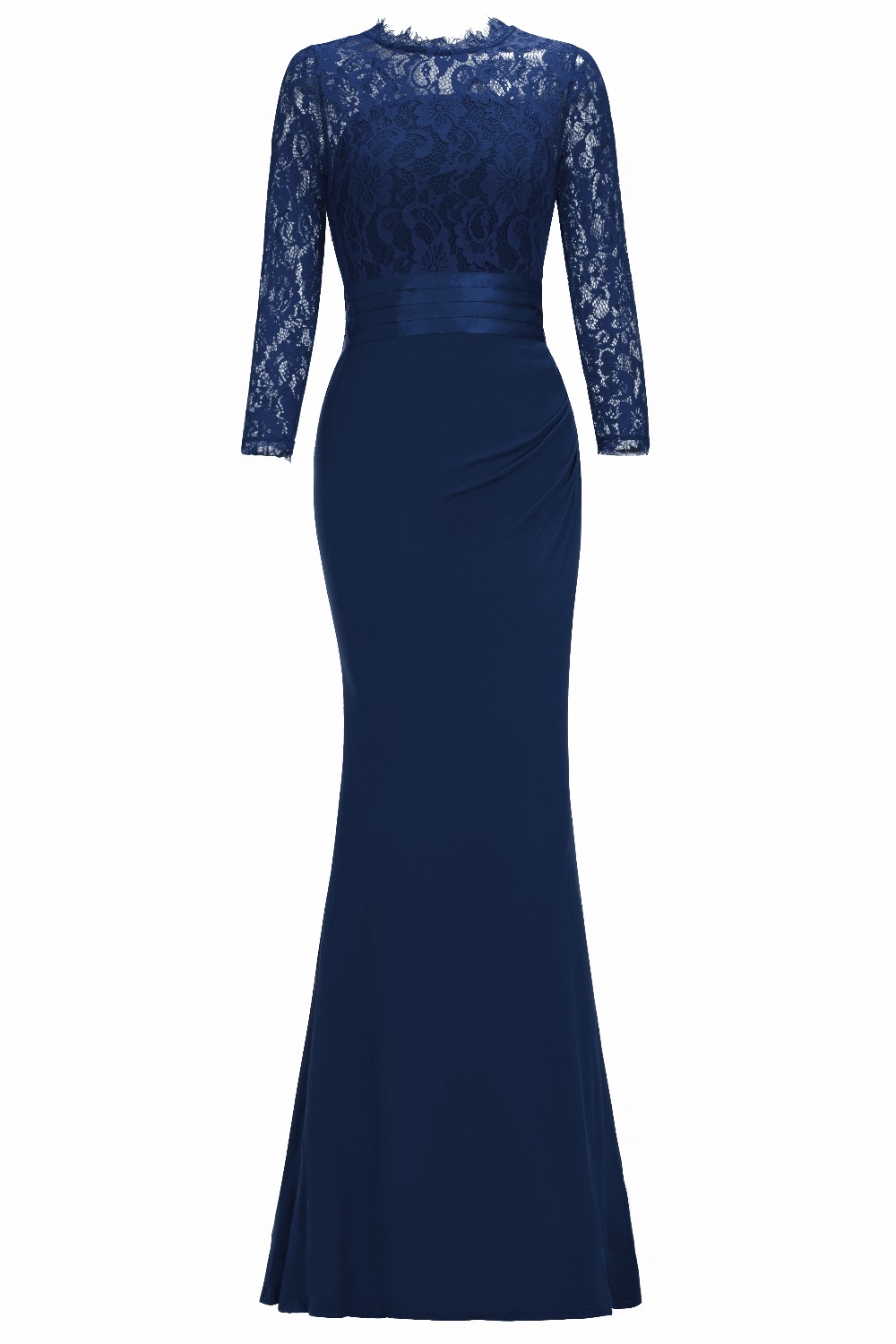 Elegant Royal Blue Mermaid Satin Lace Bridesmaid Dresses Long Sleeve Wedding Guest Gown Affordable Under 40 For Women - 4
