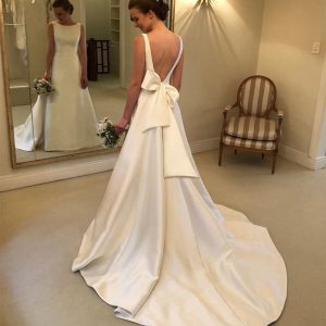 Boho A-line Jewel Backless Wedding Dress Chapel Train Satin Bridal Bow On Back Country Bride Dresses - 2
