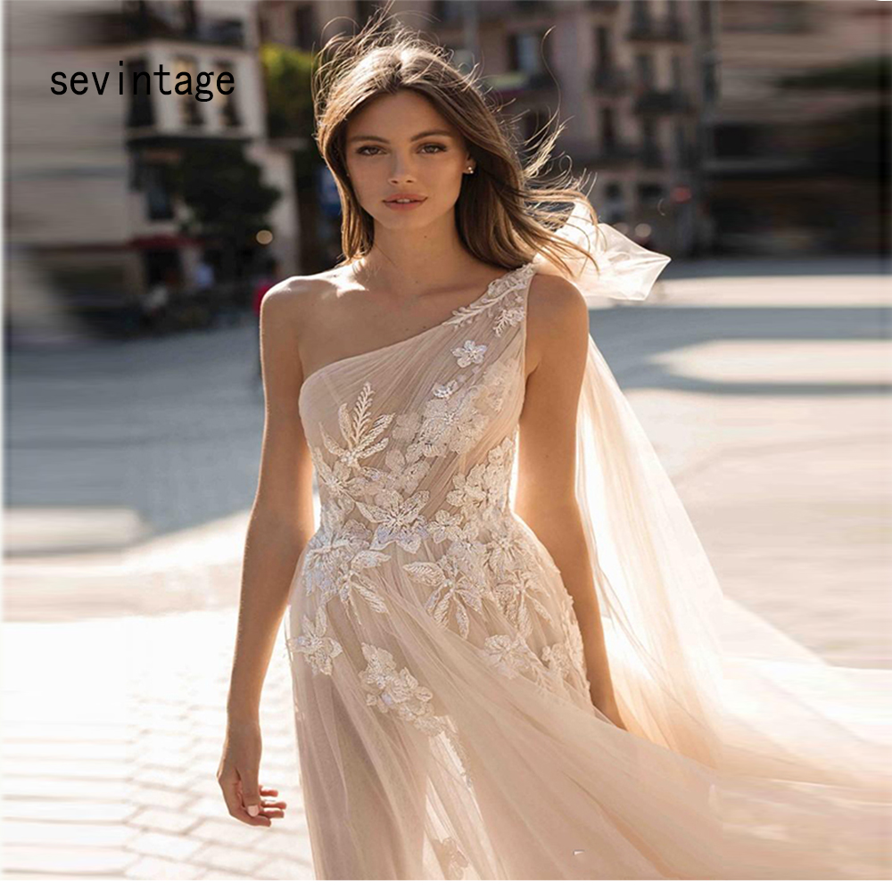 Sevintage Bohemian Oneshoulder Wedding Dresses Lace Appliqued Boho Beach Bridal Gown Elegant Vestido De Novia - 2