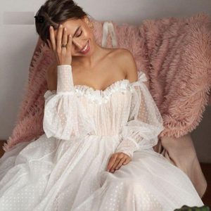 Design Off Shoulder Puffy Sleeve Dot Tulle Wedding Dresses For Bridal Sexy Open Back Long 3d Flower Bride Gown