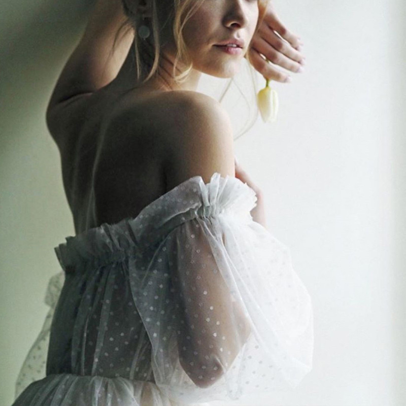 Elegant Offshoulder Bridal Gown With Puffy Sleeves Open Back 3d Flower Detail Polka Dot Tulle - 6