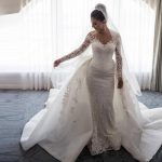 Luxury Mermaid Wedding Dresses Sheer Neck Long Sleeves Illusion Full Lace Applique Bow Button Back Chapel Train - 2