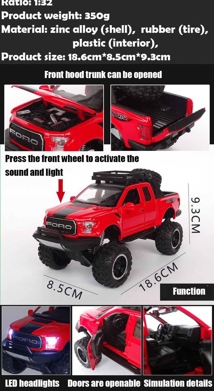 Kidami Ford Raptor F150 132 Alloy Diecast Toy Car Sound Light Pickup Truck Model Pullback Vehicle For Kids - 2