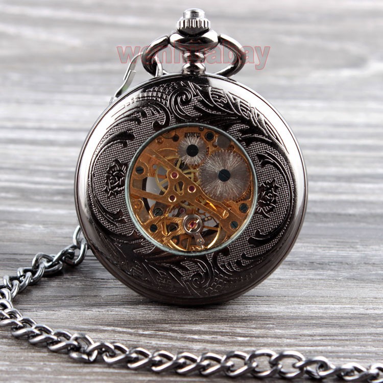 Vintage Mens Black Mechanical Pocket Watch Hand Wind Hollow Skeleton Retro Pendant Fob Chain Watch - 3