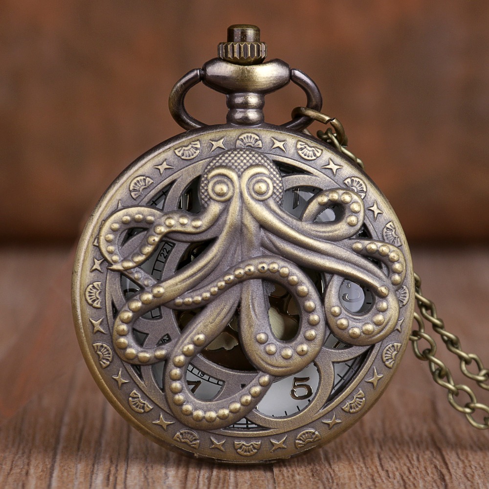 Antique Black Octopus Quartz Pocket Watch Steampunk Style With Necklace Chain Ideal Gift For Children - 6