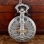 Fashion Black Steampunk Spine Ribs Hollow Quartz Pocket Watch Chains Vintage Men Women Skull Pendant Necklace Clock Gift - 6