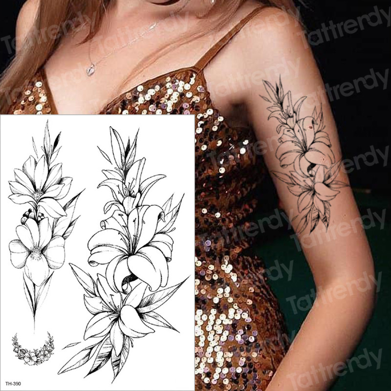 Waterproof Black Floral Temporary Tattoo Sleeves Peony Rose Body Art Sticker For Womens Arm - 7