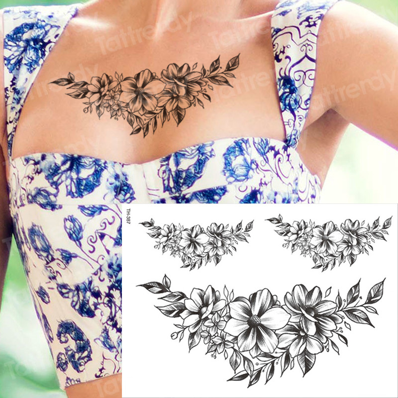 Waterproof Black Floral Temporary Tattoo Sleeves Peony Rose Body Art Sticker For Womens Arm - 4