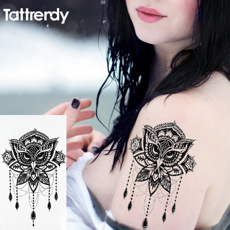 1pcs Watercolor Cool Henna Rose Flowers Temporary Body Tattoo Beautiful Shoulder Thigh Back Decor Lace Owl Women Paint - 3