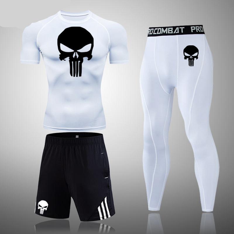 Mens Skull Punisher Compression Gym Set Tight Fitness Pants Mma Shorts Sports Tshirt - 5