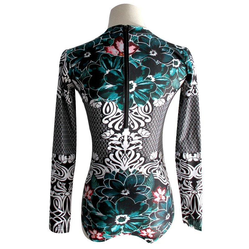 Vintage Floral Print Onepiece Swimsuit With Long Sleeves Womens Retro Bathing Suit For Surfing Swimwear - 102