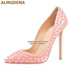 Almudena 8 10 12cm Stiletto Heels Rivets Pointed Toe Shoes Red Pink Black Studded Wedding Full Spikes Dress Pumps Size45 - 3