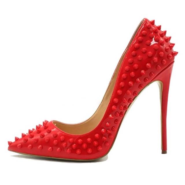 Almudena 8 10 12cm Stiletto Heels Rivets Pointed Toe Shoes Red Pink Black Studded Wedding Full Spikes Dress Pumps Size45