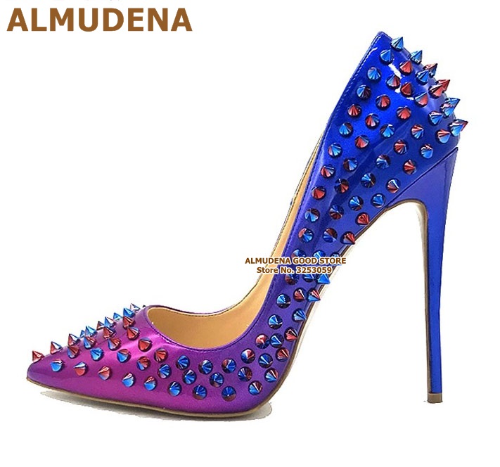 Almudena Stiletto Heels With Full Spike Rivets Pointed Toe Wedding Dress Pumps In Red Pink Black Size 45 - 19