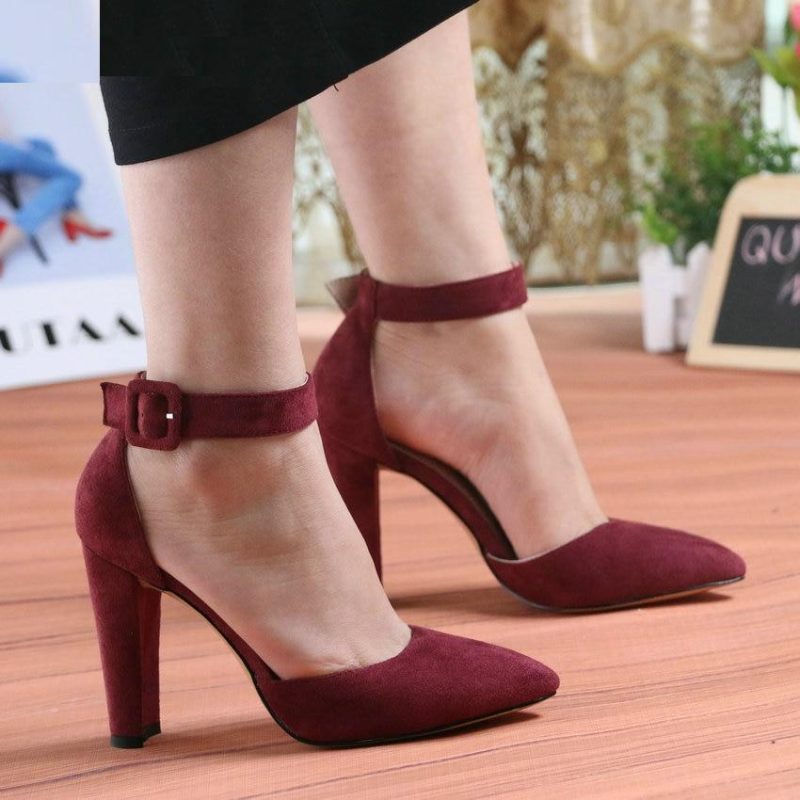 Qutaa Women Pumps Fashion Shoes Party Wedding Super Square High Heel Pointed Toe Red Wine Ladies Size 34-43