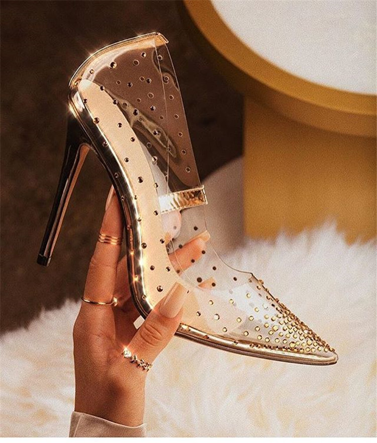 Eilyken Womens Rhinestoneembellished Transparent Pvc Stiletto Pumps High Heel Pointed Toe Party And Wedding Shoes Golden - 7