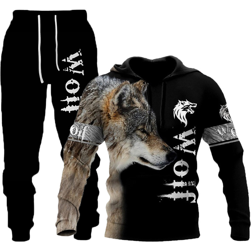 Mens Wolf 3d Printed Hoodie Pants Set Autumnwinter Casual Tracksuit - 14