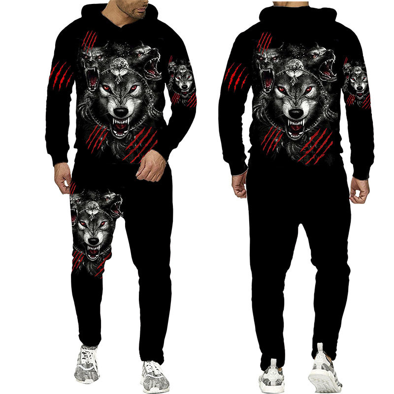 Mens Wolf 3d Printed Hoodie Pants Set Autumnwinter Casual Tracksuit - 27