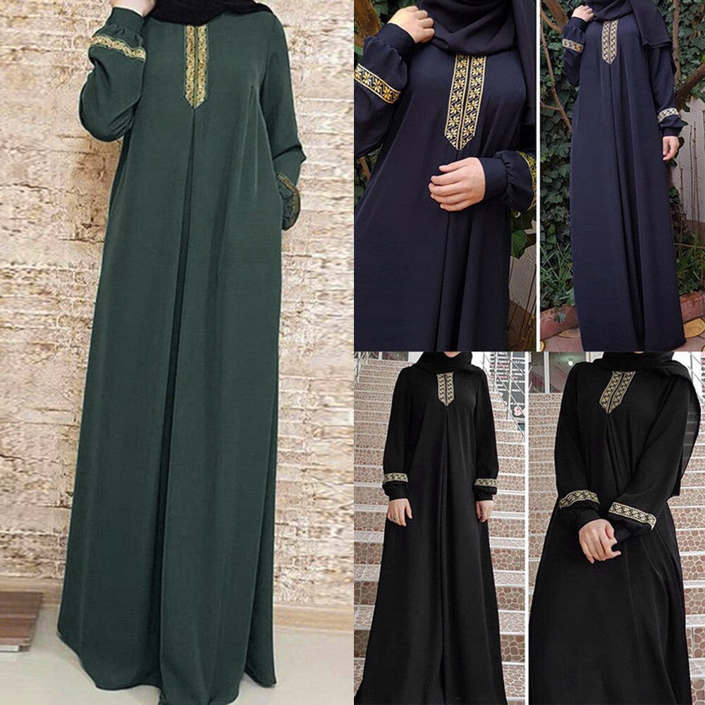 Womens Long Sleeve Maxi Abaya Kaftan Muslim Print Jilbab Dress - 7