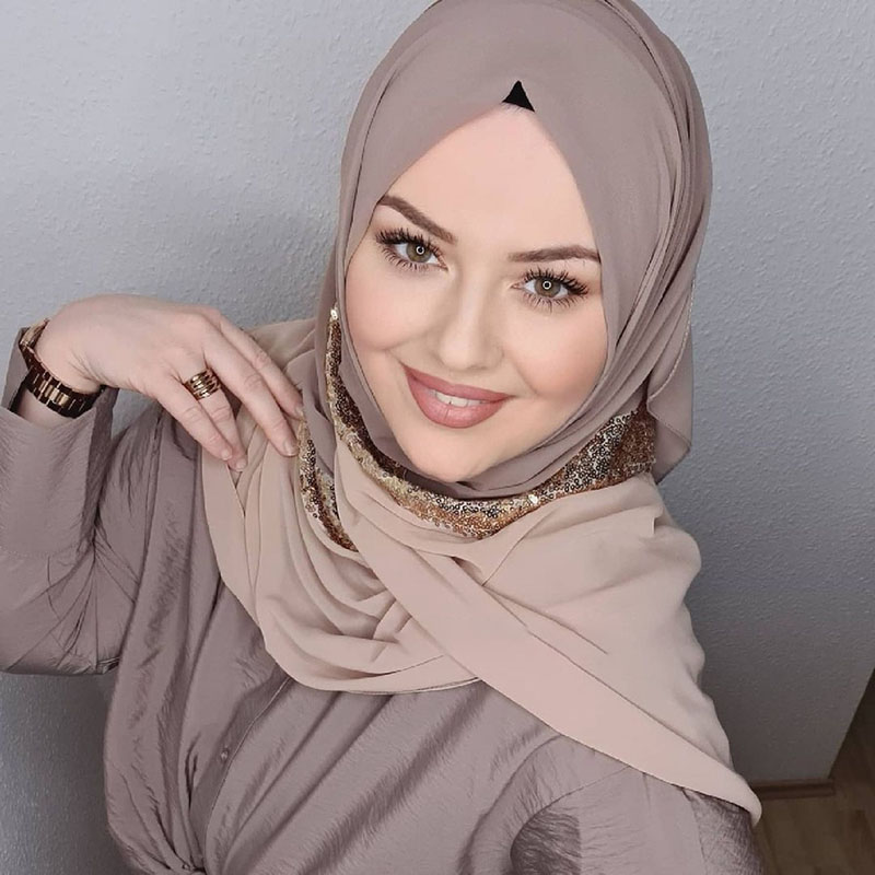 Elegant Islamic Womens Sequin Chiffon Abaya With Jersey Hijab Turban - 24