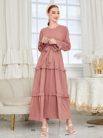 Elegant Solid Ruffle Sleeve Abaya With Belt For Muslim Women - 2