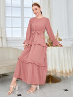 Elegant Solid Ruffle Sleeve Abaya With Belt For Muslim Women - 4