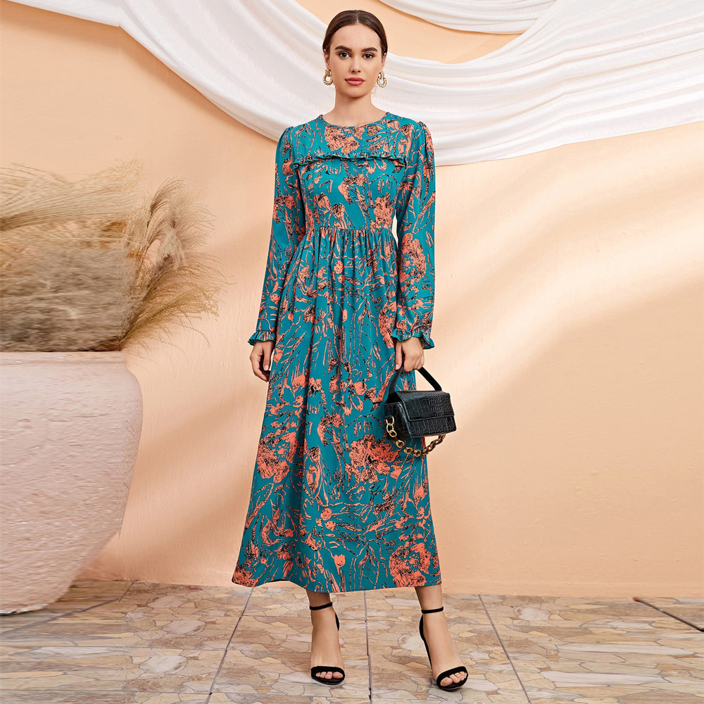 Floral Print Maxi Dress Abaya Long Sleeve Kaftan Islamic Party Gown - 9